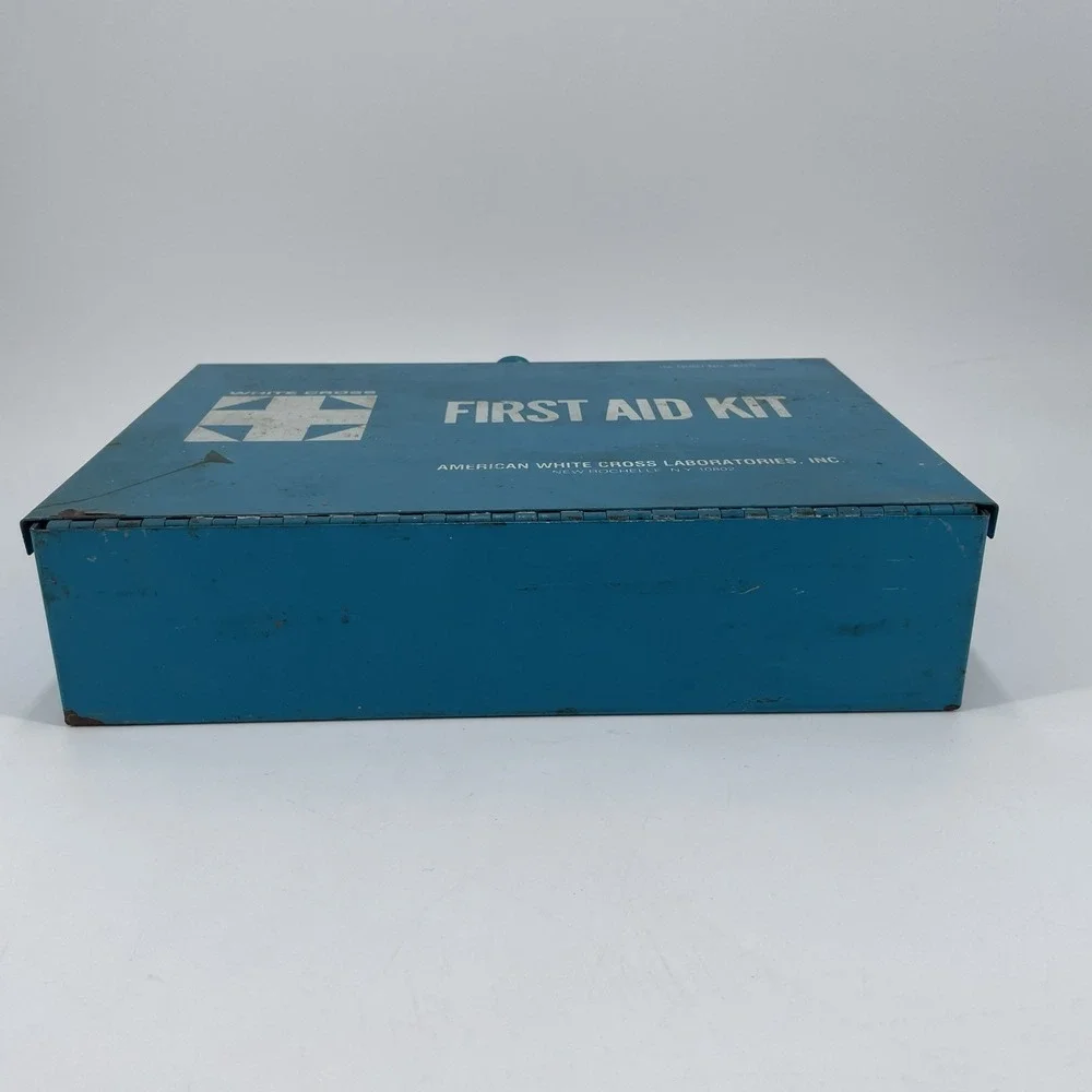 Steel Wall Mount First Aid Kit White Cross Lab Factory Industrial Film Prop Vtg